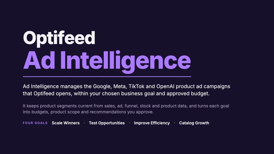Slayt: Optifeed Ad Intelligence ve dört hedefi: Scale Winners, Test Opportunities, Improve Efficiency ve Catalog Growth.